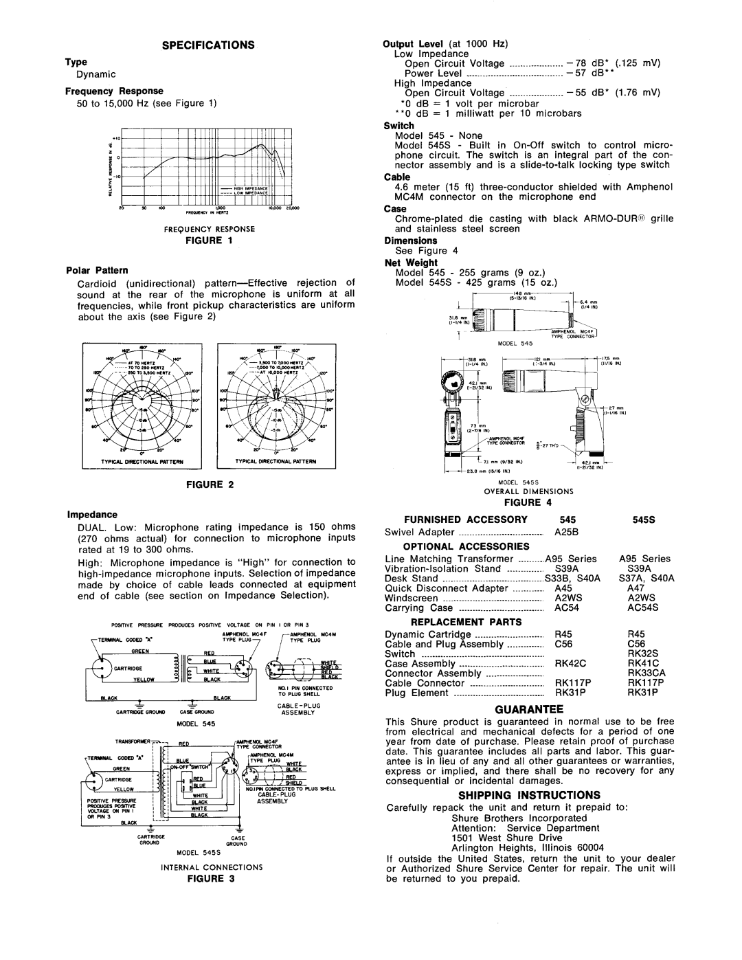 Shure 545S specifications Specifications, Guarantee, Shipping Instructions 