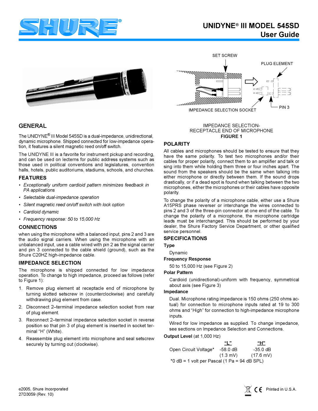 Shure 545SD specifications General 