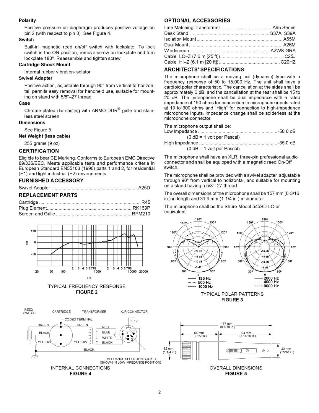 Shure 545SD Certification Optional Accessories, Architects Specifications, Furnished Accessory, Replacement Parts 