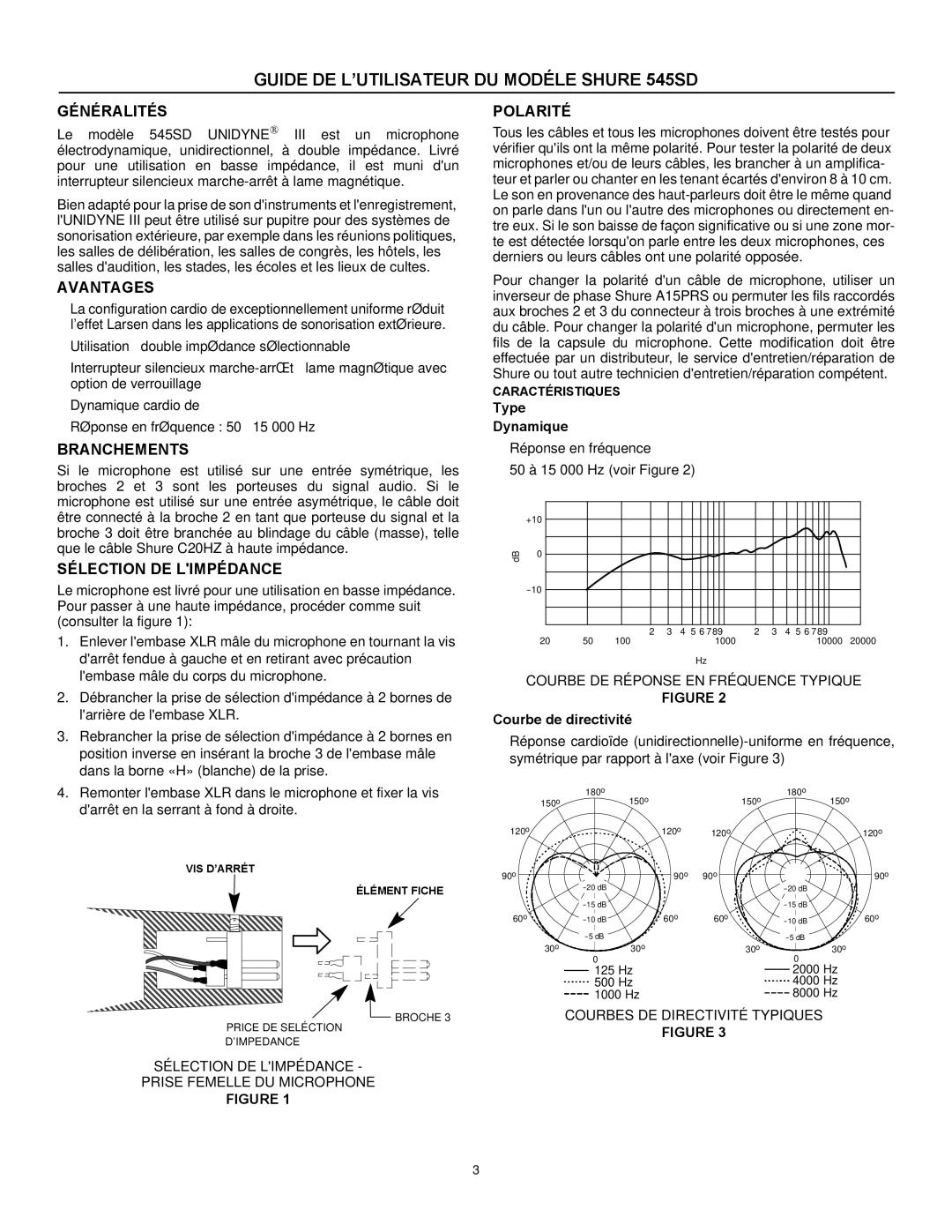 Shure specifications Guide DE L’UTILISATEUR DU Modéle Shure 545SD 