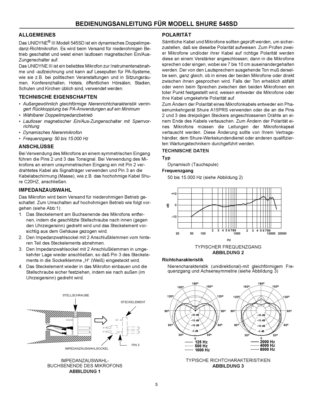 Shure 545SD specifications Allgemeines, Technische Eigenschaften, Anschlüsse, Impedanzauswahl, Polarität 