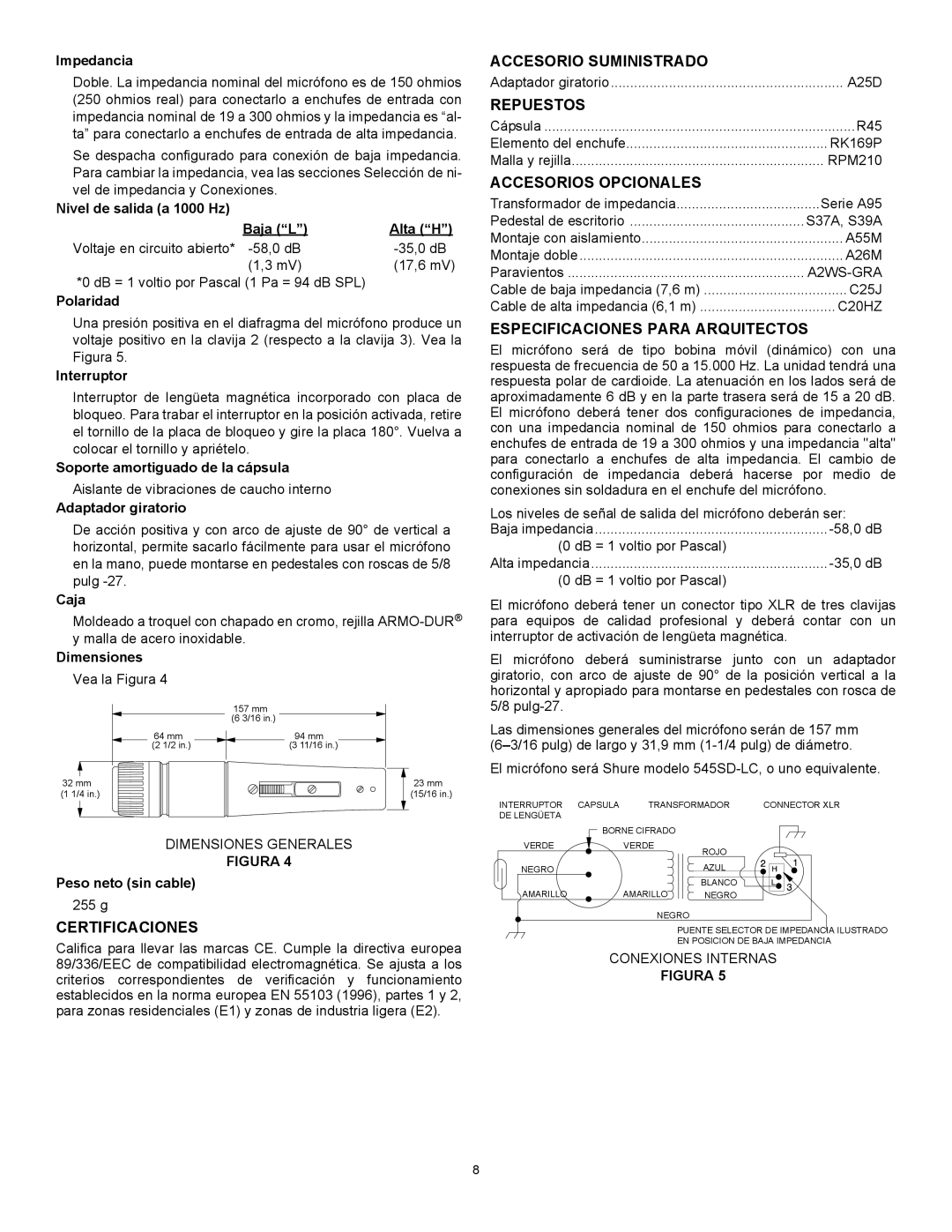 Shure 545SD Certificaciones, Accesorio Suministrado, Repuestos, Accesorios Opcionales, Especificaciones Para Arquitectos 