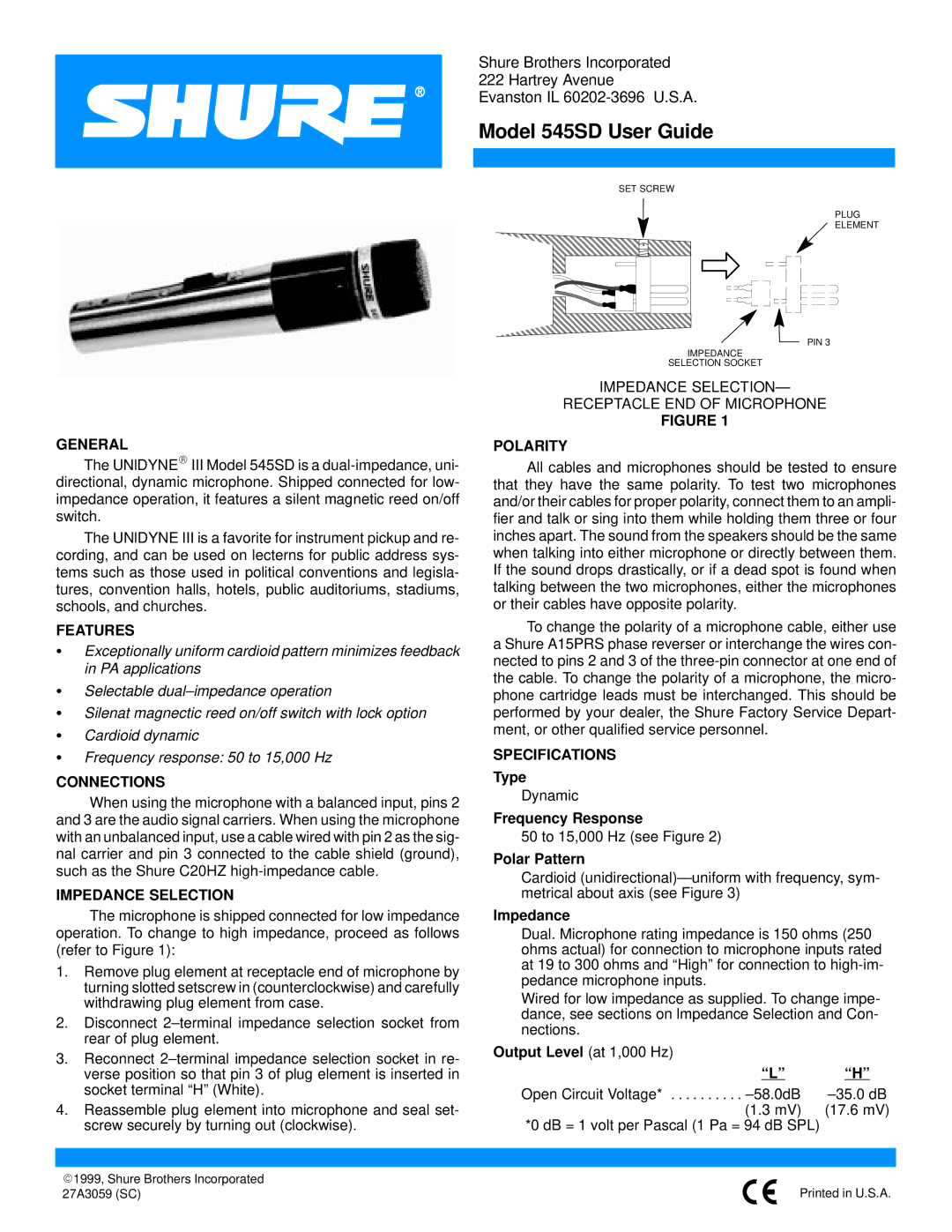 Shure 545SD specifications General, Features, Connections, Impedance Selection, Polarity, Specifications 