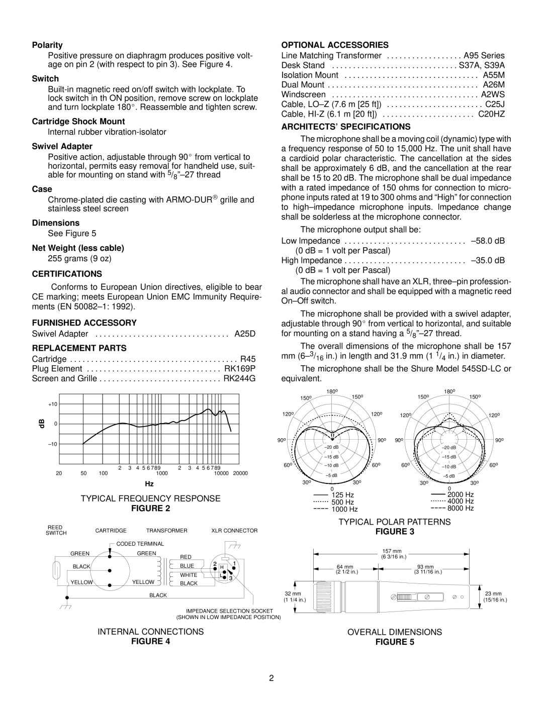 Shure 545SD Certifications, Furnished Accessory, Replacement Parts, Optional Accessories, Architects Specifications 