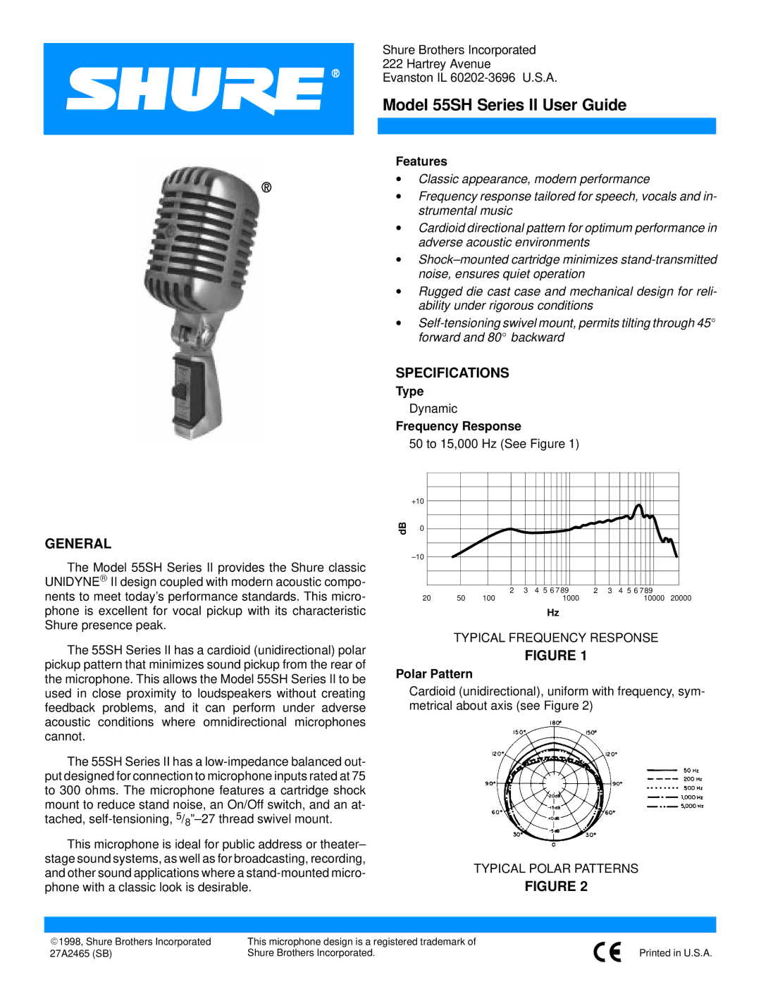 Shure 55SH SERIES II specifications General, Specifications 