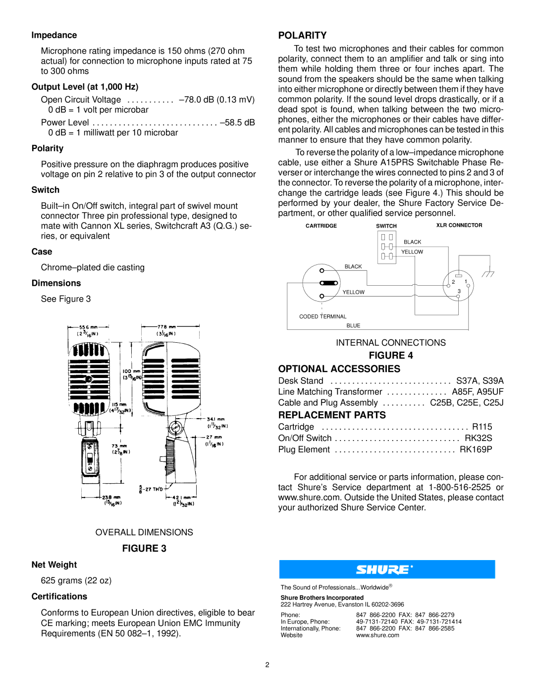 Shure 55SH SERIES II specifications Polarity, Optional Accessories, Replacement Parts 