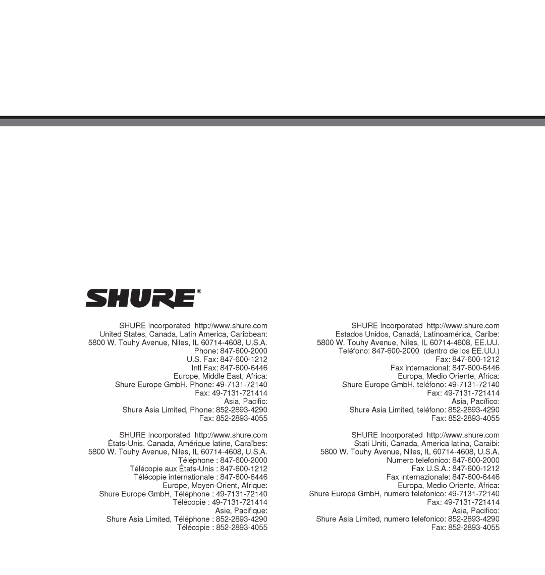 Shure 55SH manual Shure Asia Limited, Phone 852-2893-4290 Fax 