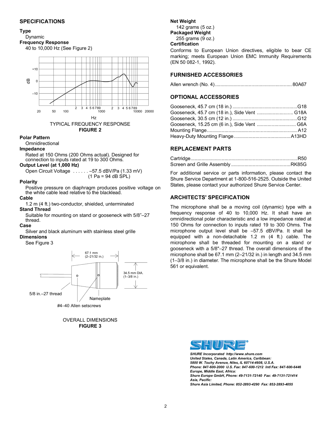 Shure 561 manual Specifications, Furnished Accessories, Optional Accessories, Replacement Parts, Architects Specification 