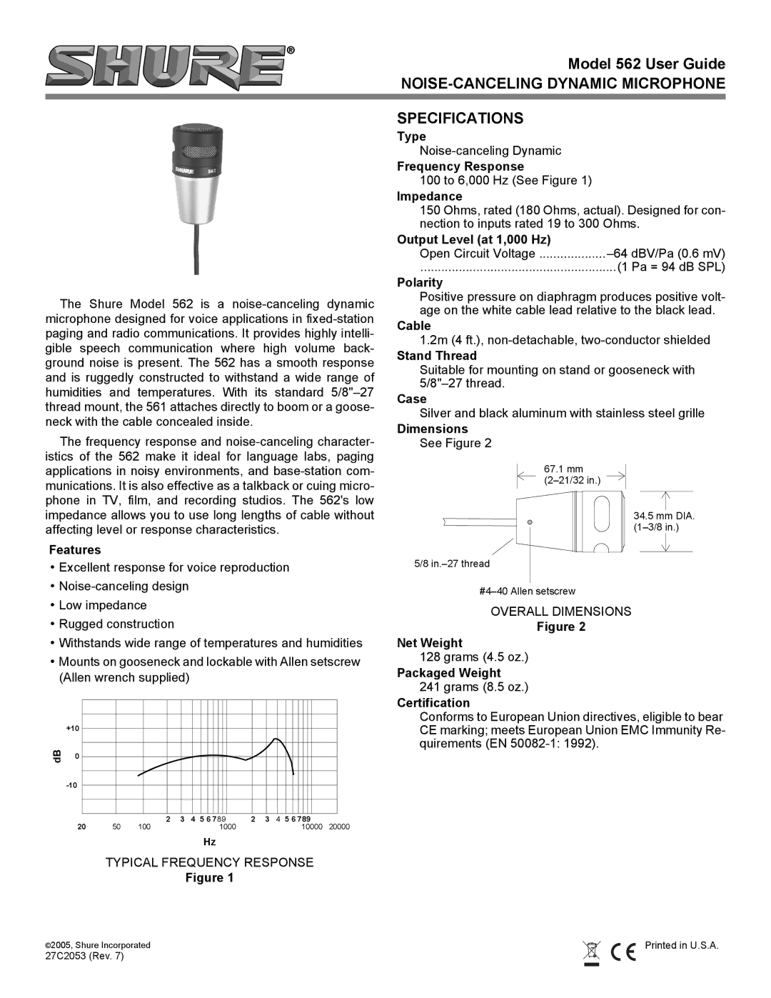 Shure 562 specifications NOISE-CANCELING Dynamic Microphone, Specifications 