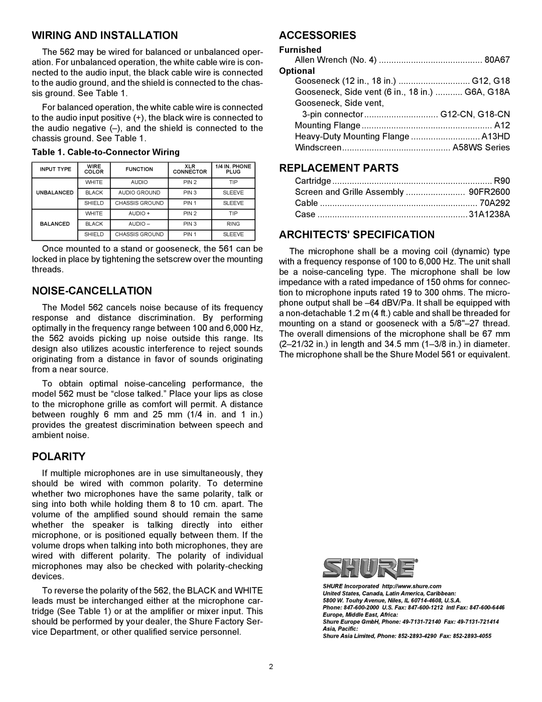 Shure 562 Wiring and Installation, Noise-Cancellation, Polarity, Accessories, Replacement Parts, Architects Specification 