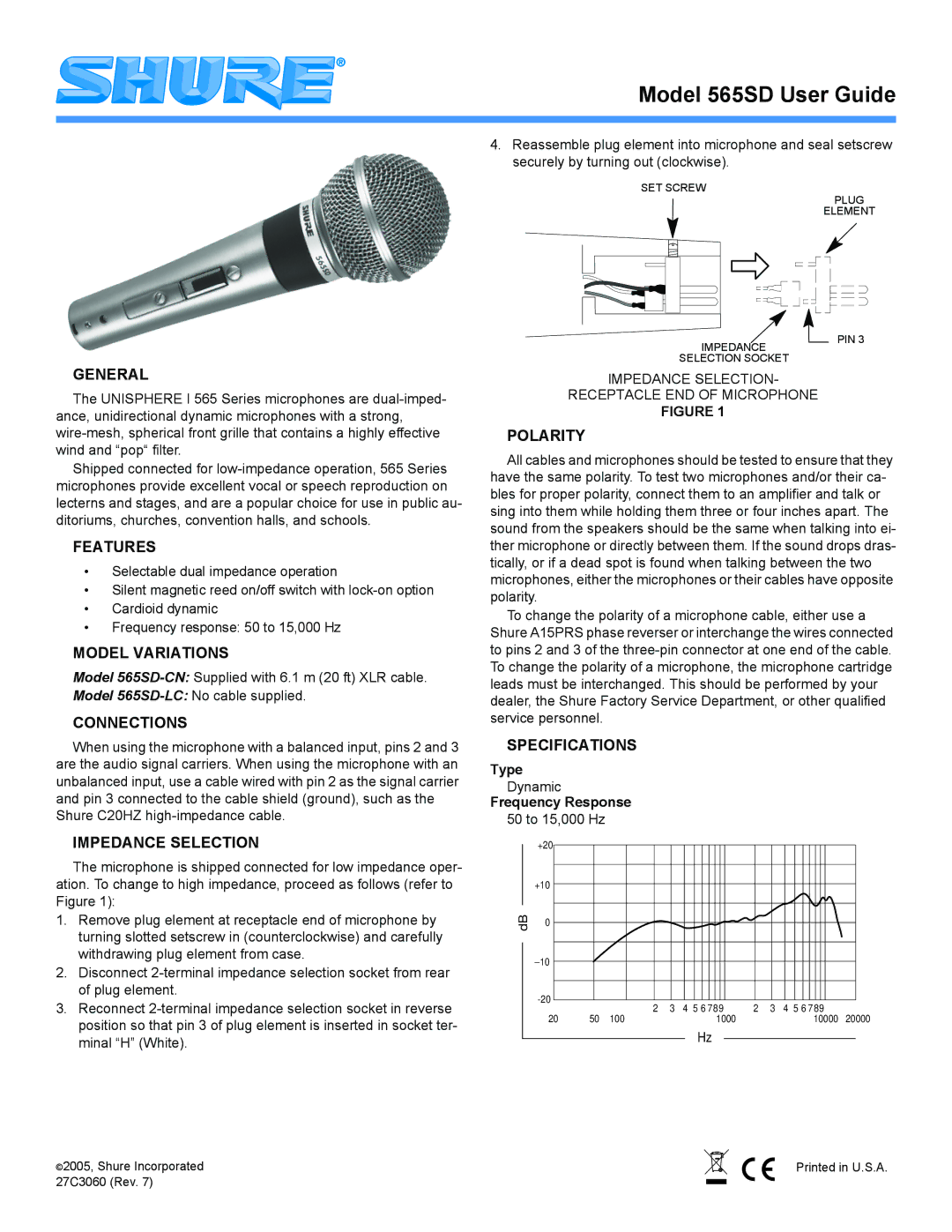 Shure 565SD specifications General, Features, Model Variations, Connections, Impedance Selection, Polarity, Specifications 