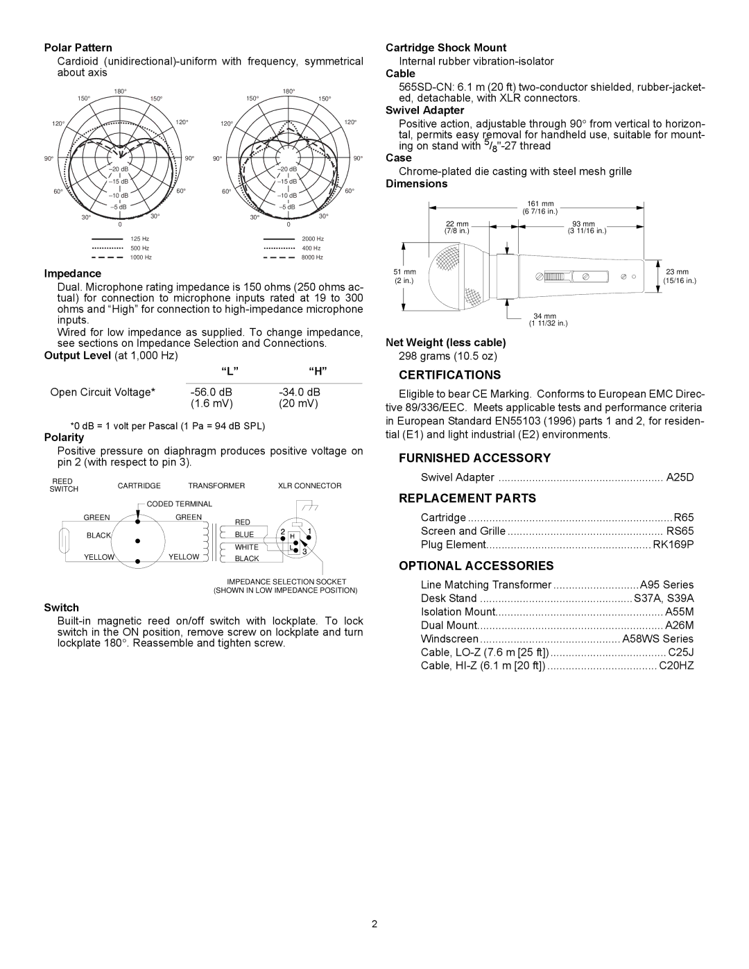 Shure 565SD specifications Certifications, Furnished Accessory, Replacement Parts, Optional Accessories 