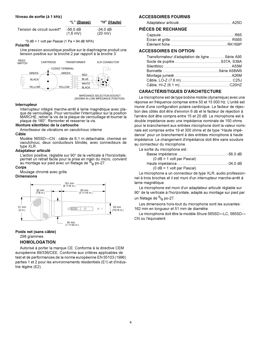 Shure 565SD Homologation, Accessoires Fournis, Pièces DE Rechange, Accessoires EN Option, Caractéristiques Darchitecture 