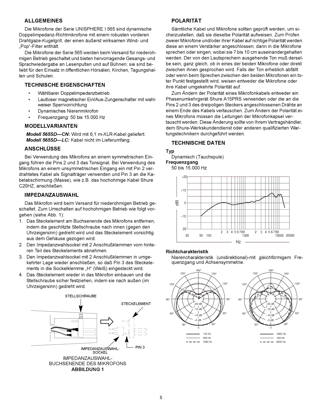 Shure 565SD specifications Allgemeines, Technische Eigenschaften, Modellvarianten, Anschlüsse, Impedanzauswahl, Polarität 