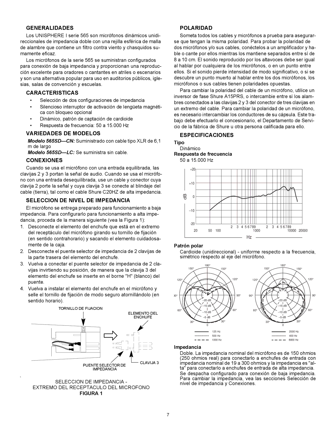 Shure 565SD Generalidades, Caracteristicas, Variedades DE Modelos, Conexiones, Seleccion DE Nivel DE Impedancia, Polaridad 