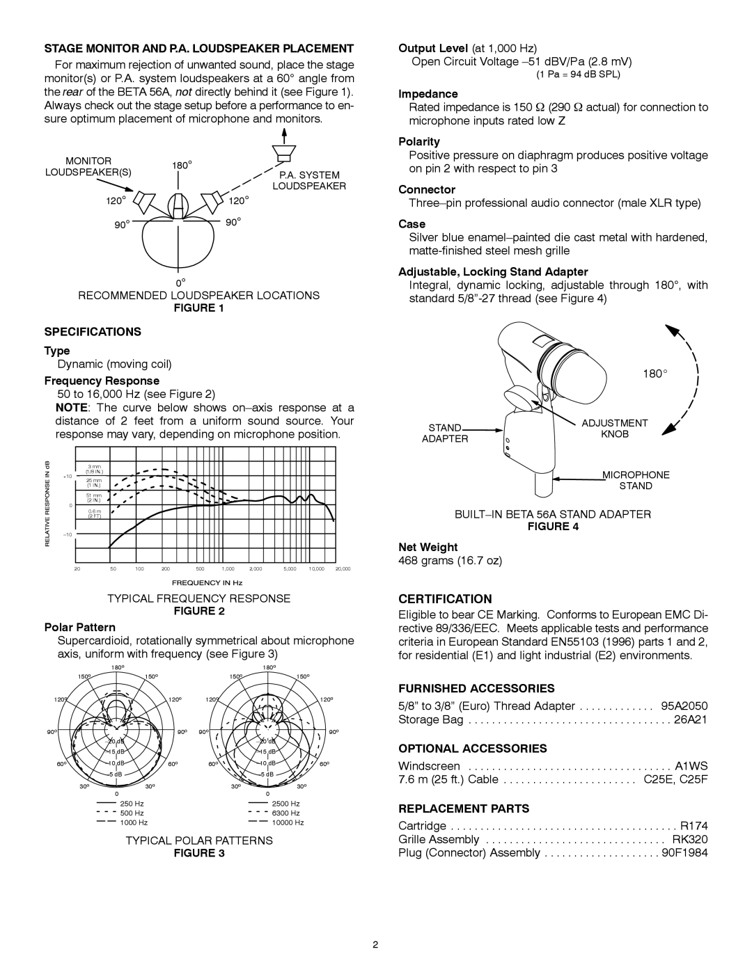 Shure 56A manual Stage Monitor and P.A. Loudspeaker Placement, Specifications, Certification, Furnished Accessories 