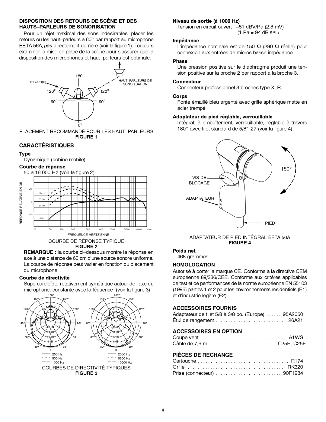 Shure 56A manual Caractéristiques, Homologation, Accessoires Fournis, Accessoires EN Option, Pièces DE Rechange 