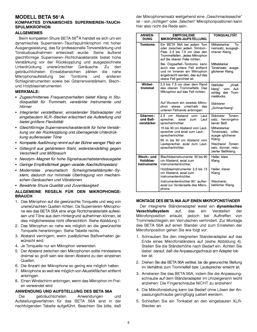 Shure 56A manual Modell Beta 56A, Merkmale, Allgemeine Regeln FÜR DEN MIKROPHONGE- Brauch 