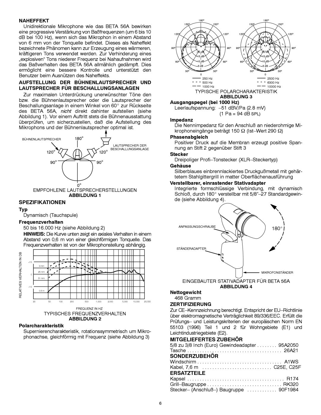 Shure 56A manual Naheffekt, Spezifikationen, Zertifizierung, Mitgeliefertes Zubehör, Sonderzubehör, Ersatzteile 