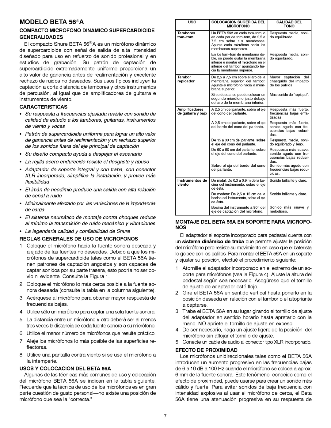 Shure 56A manual Modelo Beta 56A, Compacto Microfono Dinamico Supercardioide Generalidades 