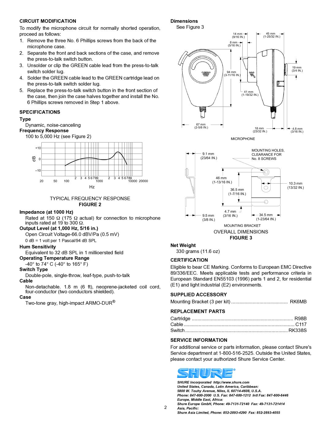 Shure 577B Circuit Modification, Specifications, Certification, Supplied Accessory, Replacement Parts, Service Information 