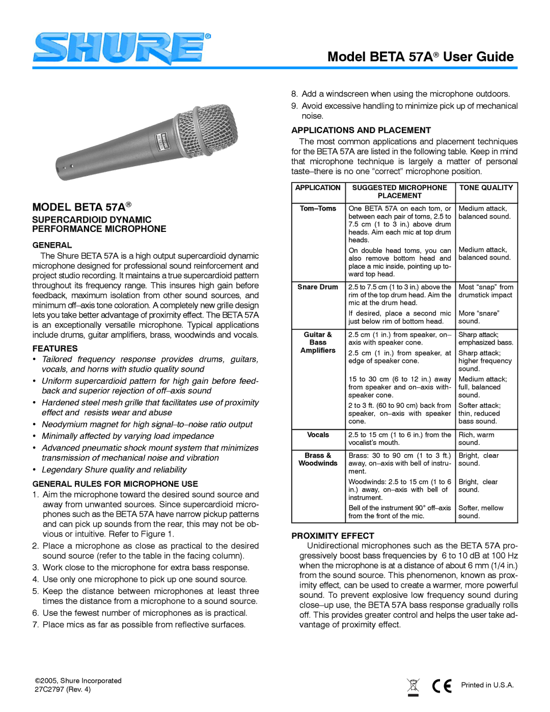 Shure manual Model Beta 57A, Supercardioid Dynamic Performance Microphone, Features, Applications and Placement 