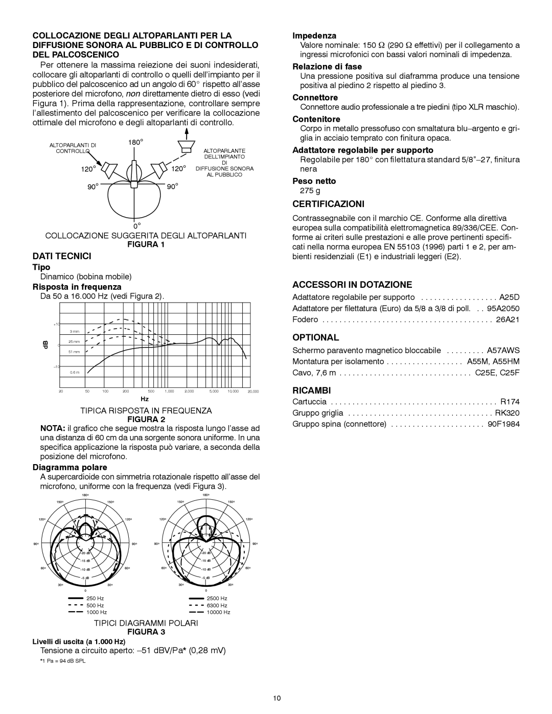 Shure 57A manual Dati Tecnici, Certificazioni, Accessori in Dotazione, Optional, Ricambi 