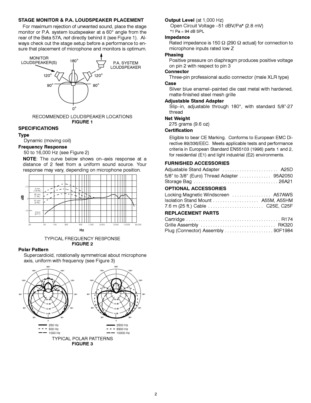 Shure 57A manual Stage Monitor & P.A. Loudspeaker Placement, Specifications, Furnished Accessories, Optional Accessories 