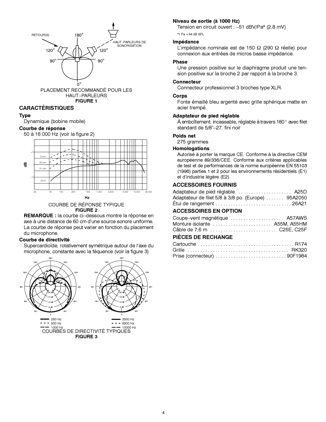 Shure 57A manual Caractéristiques, Accessoires Fournis, Accessoires EN Option, Pièces DE Rechange 