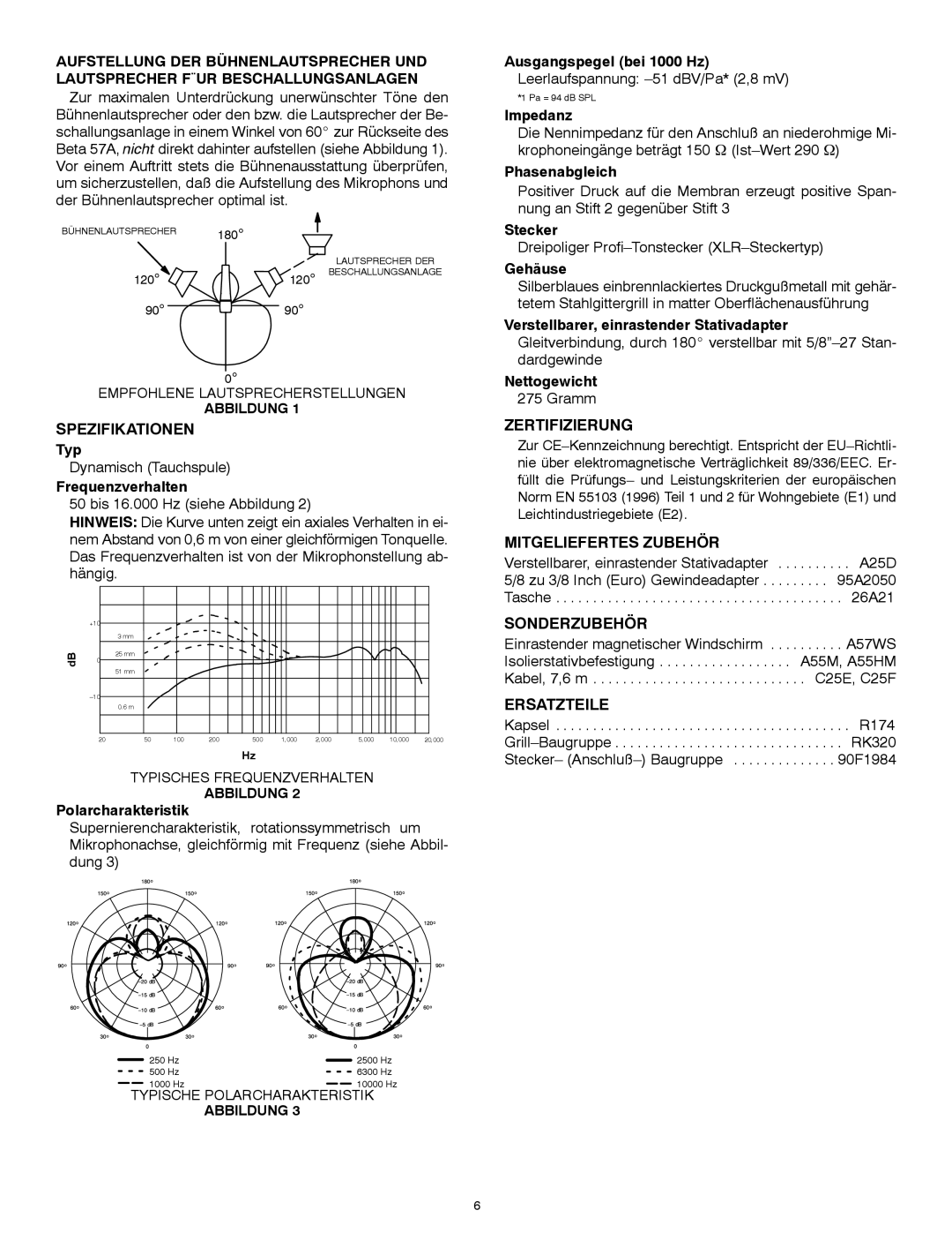 Shure 57A manual Spezifikationen, Zertifizierung, Mitgeliefertes Zubehör, Sonderzubehör, Ersatzteile 