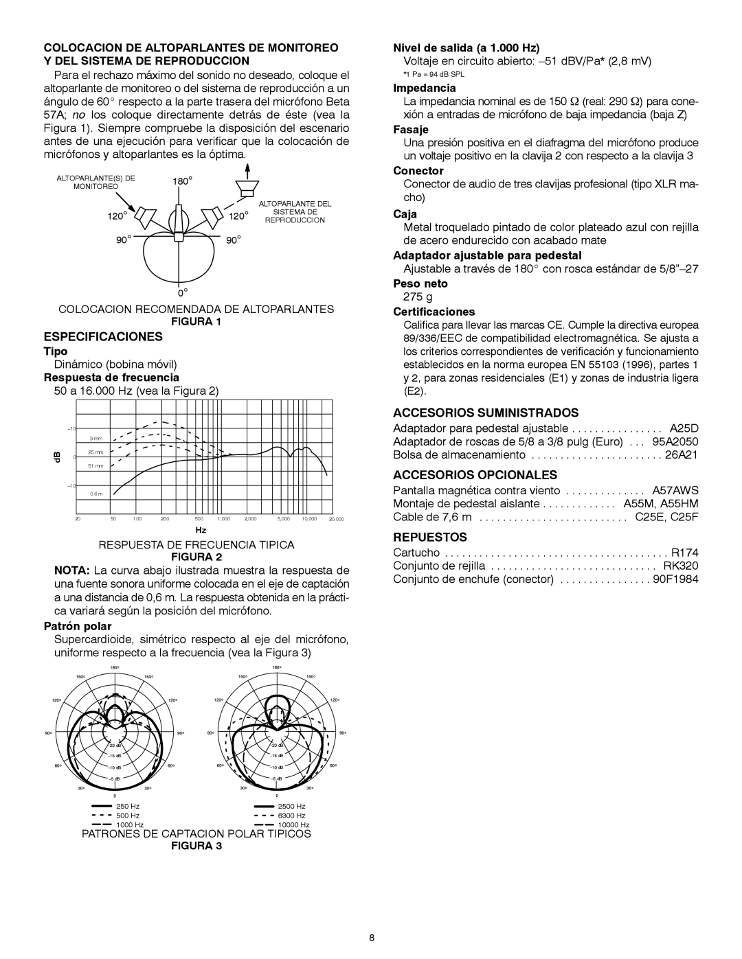 Shure 57A manual Especificaciones, Accesorios Suministrados, Accesorios Opcionales, Repuestos 