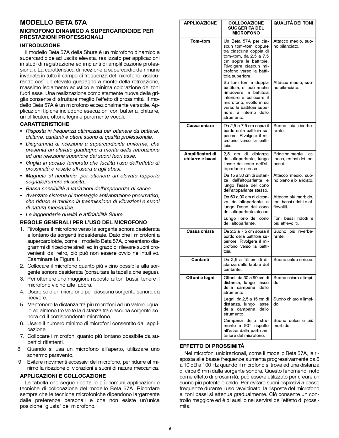 Shure manual Modello Beta 57A, Caratteristiche, Regole Generali PER L’USO DEL Microfono, Applicazioni E Collocazione 