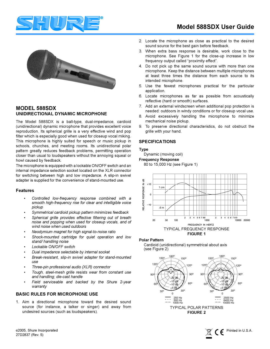 Shure 588SDX specifications Unidirectional Dynamic Microphone, Features, Basic Rules for Microphone USE, Specifications 