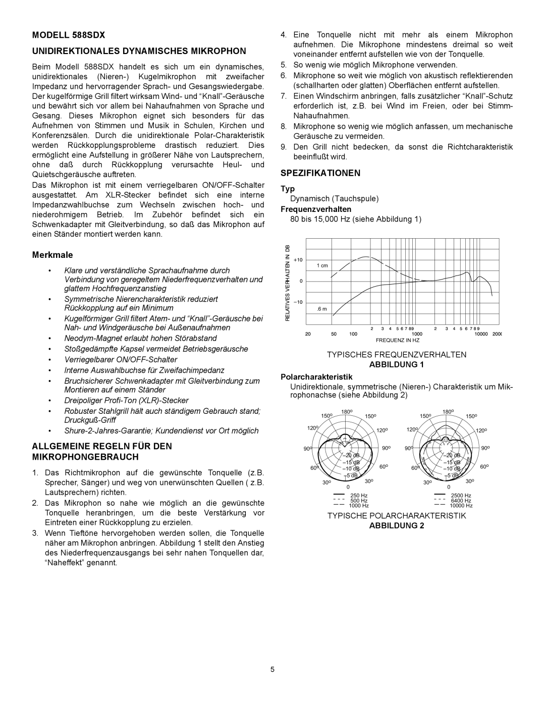 Shure specifications Modell 588SDX Unidirektionales Dynamisches Mikrophon, Spezifikationen, Merkmale 