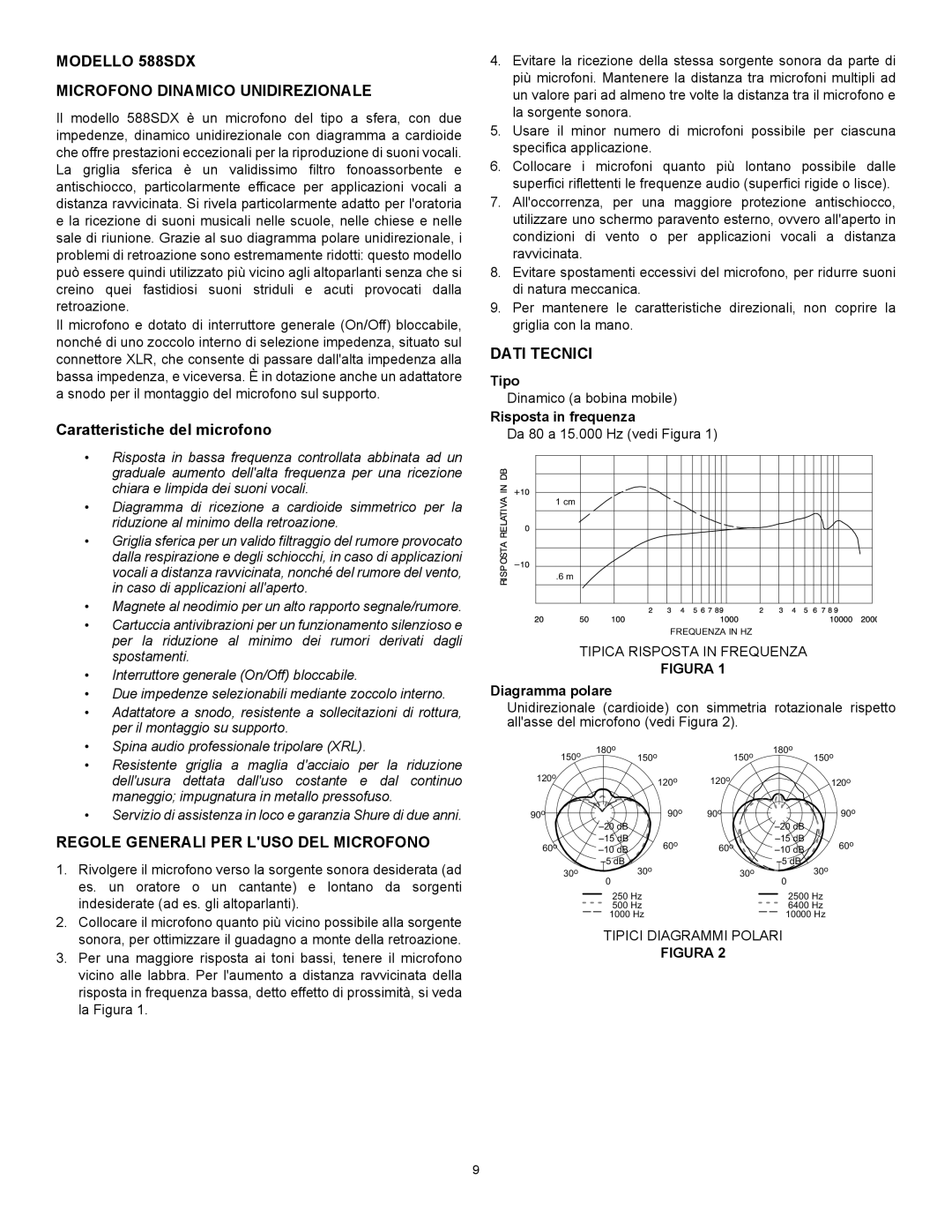 Shure specifications Modello 588SDX Microfono Dinamico Unidirezionale, Caratteristiche del microfono, Dati Tecnici 