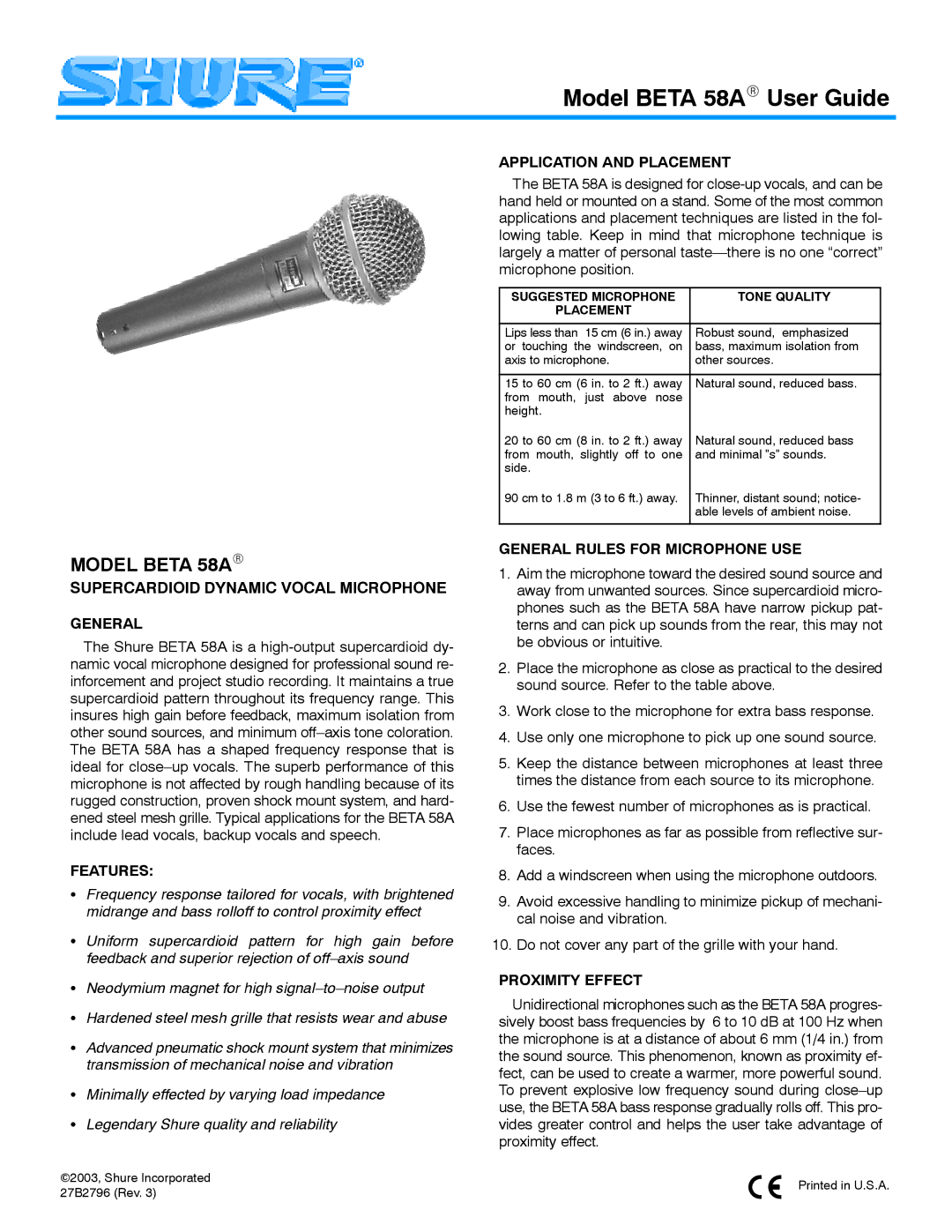 Shure manual Model Beta 58AR 