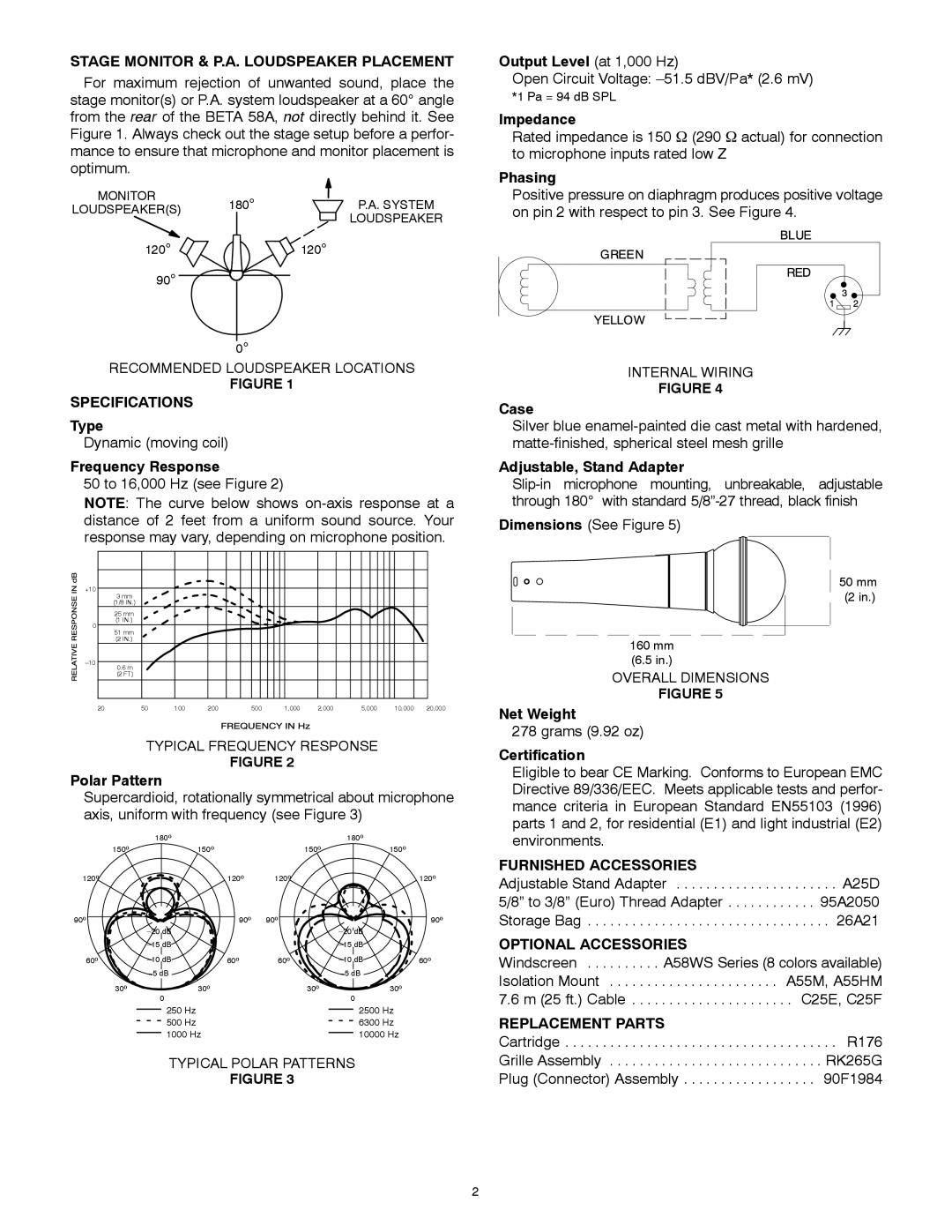 Shure 58A manual Stage Monitor & P.A. Loudspeaker Placement, Specifications, Furnished Accessories, Optional Accessories 