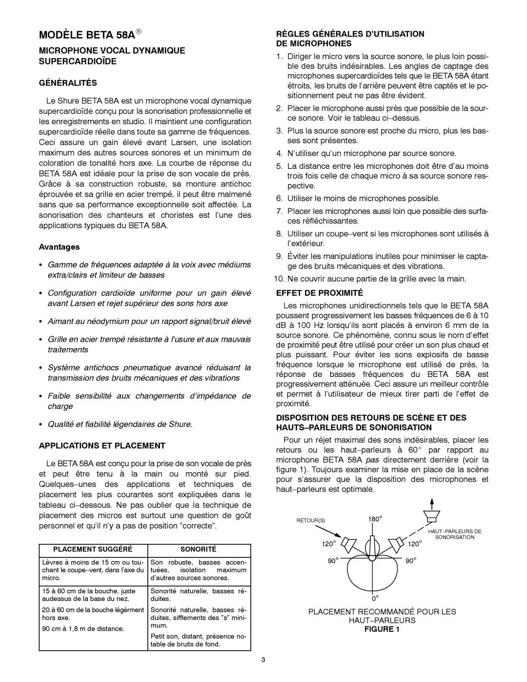 Shure manual Modèle Beta 58AR, Microphone Vocal Dynamique Supercardioïde Généralités, Applications ET Placement 