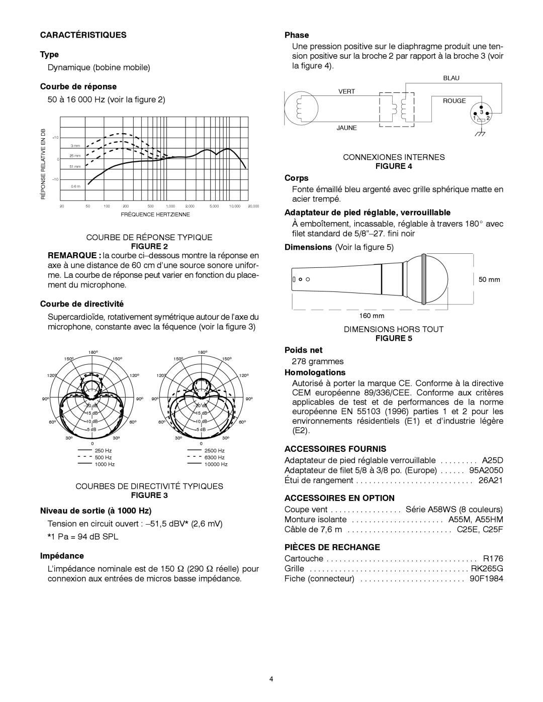 Shure 58A manual Caractéristiques, Accessoires Fournis, Accessoires EN Option, Pièces DE Rechange 