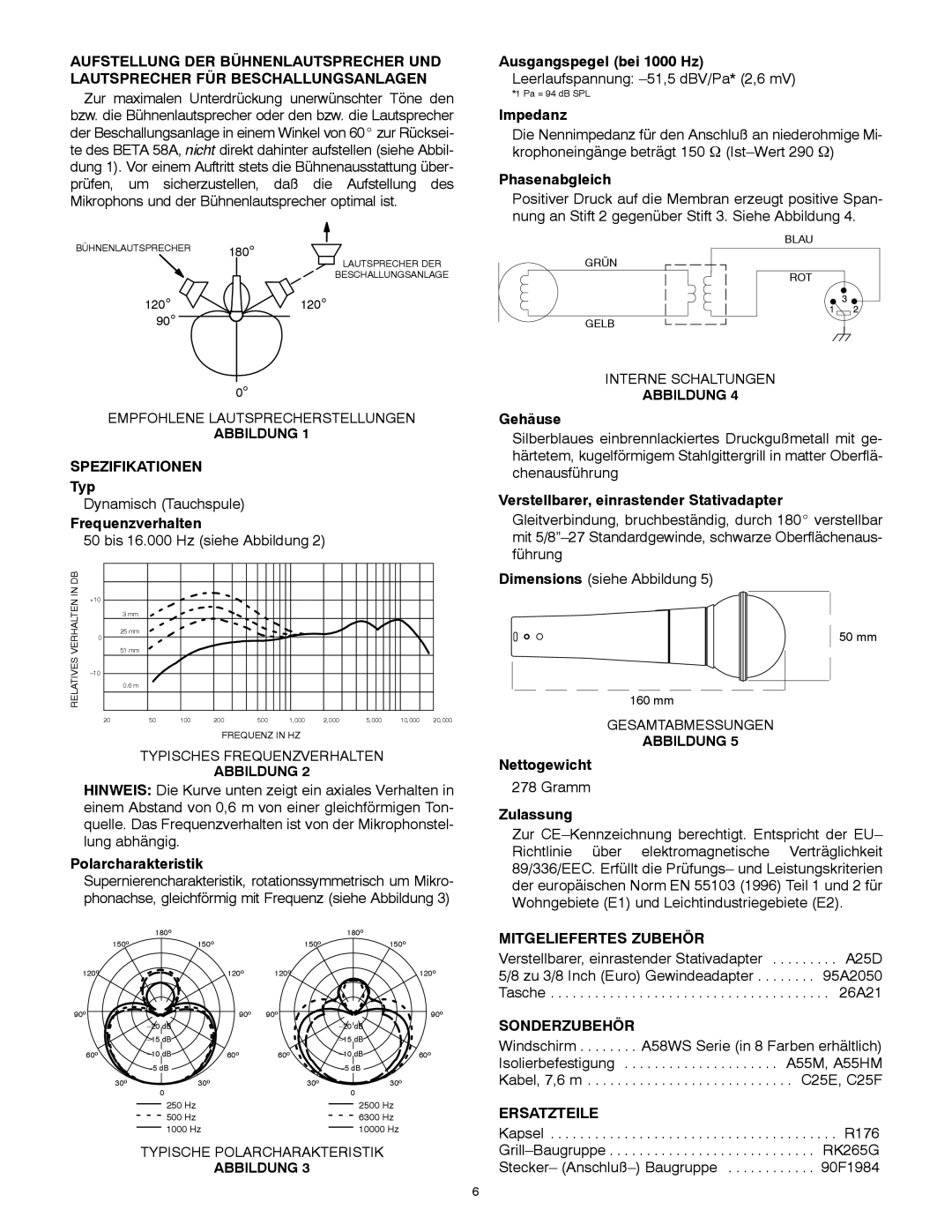 Shure 58A manual Spezifikationen, Mitgeliefertes Zubehör, Sonderzubehör, Ersatzteile 