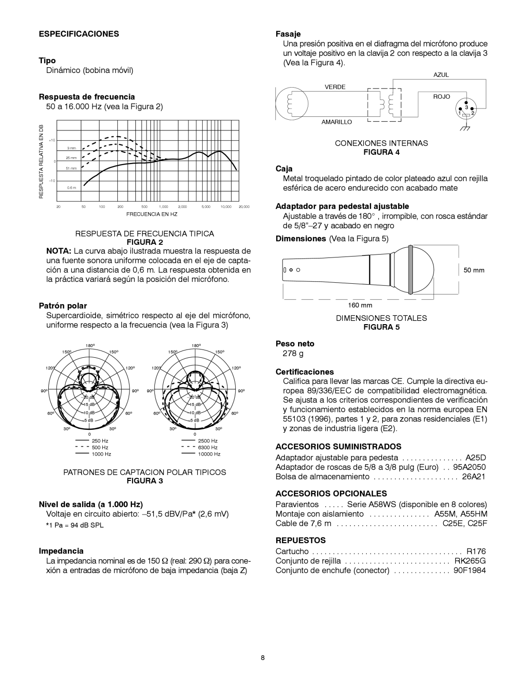 Shure 58A manual Especificaciones, Accesorios Suministrados, Accesorios Opcionales, Repuestos 