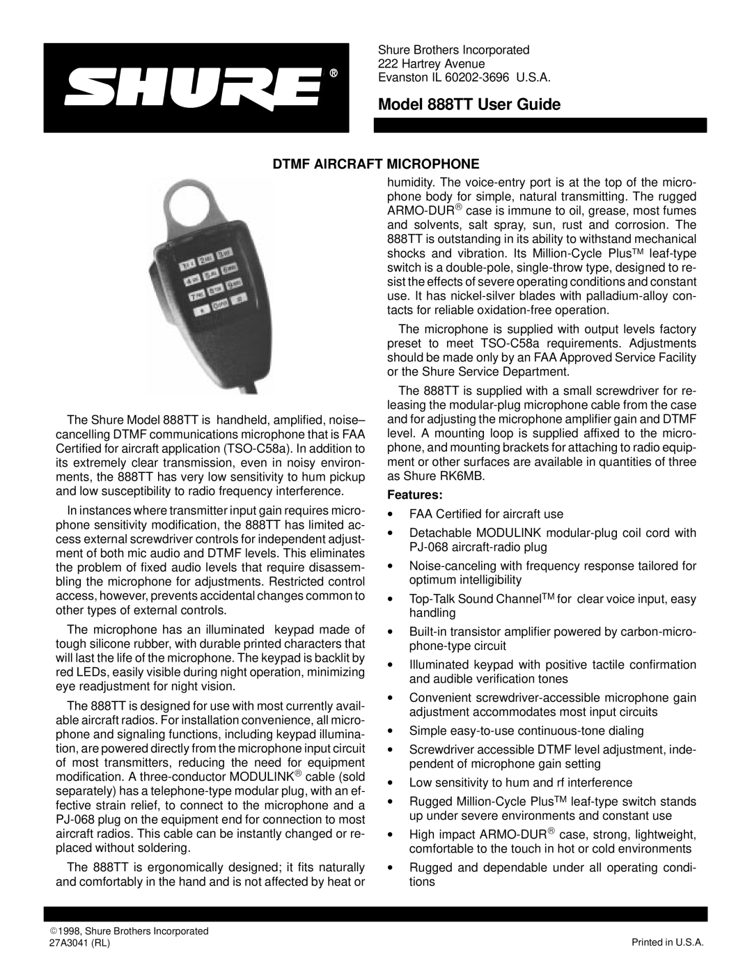 Shure 888TT manual Dtmf Aircraft Microphone, Features 