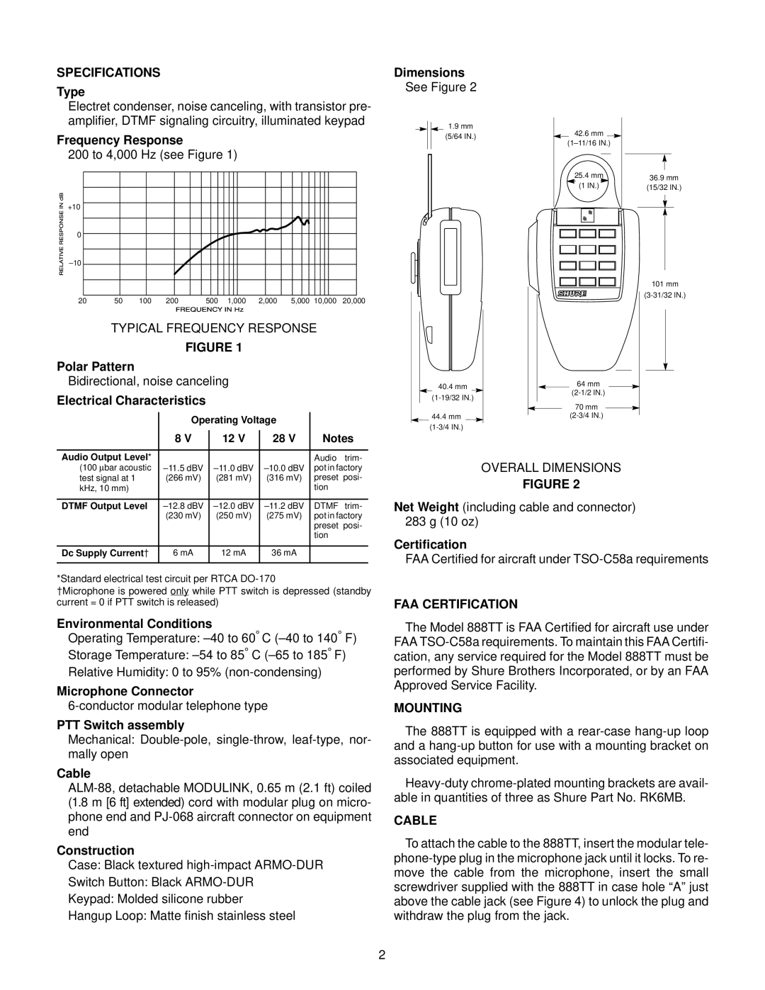 Shure 888TT manual Specifications, FAA Certification, Mounting, Cable 