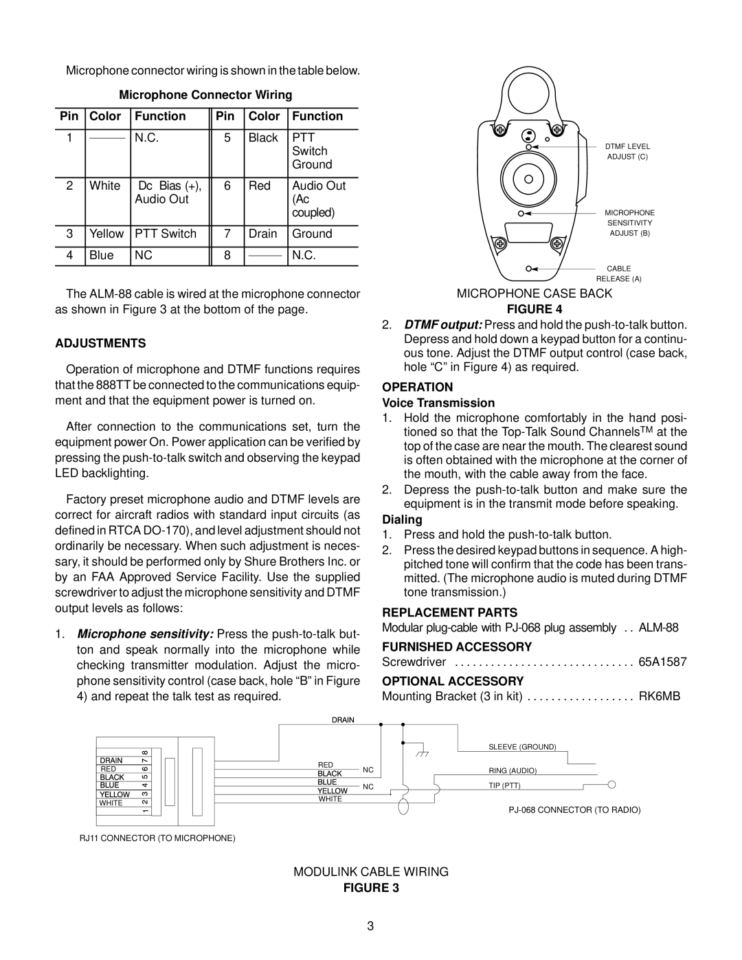 Shure 888TT manual Adjustments, Operation, Replacement Parts, Furnished Accessory, Optional Accessory 