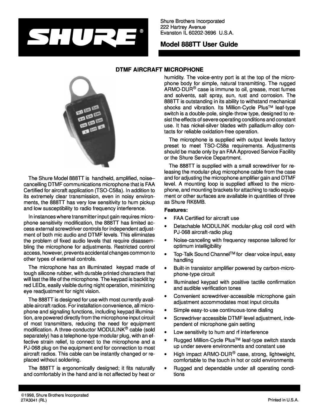 Shure manual Dtmf Aircraft Microphone, Model 888TT User Guide 