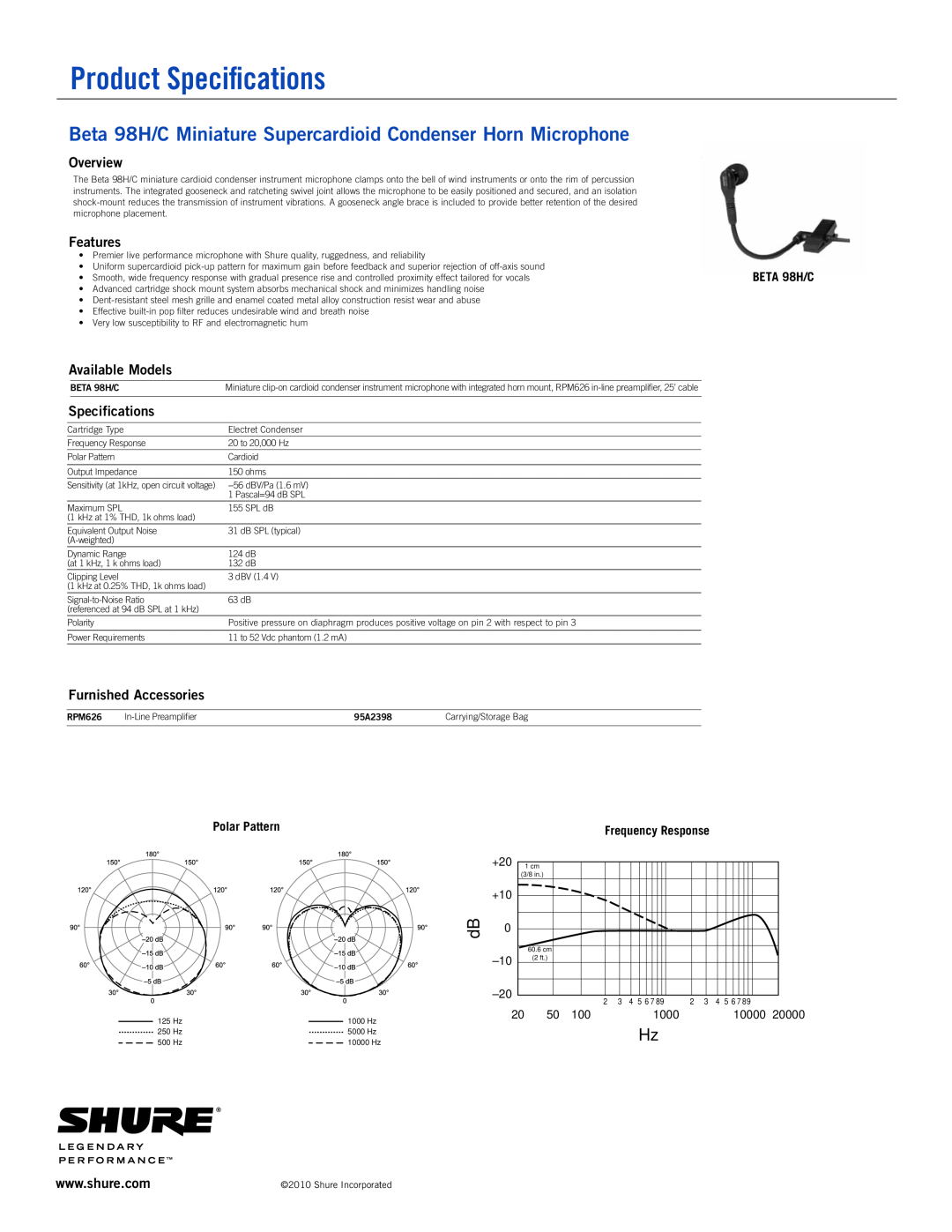 Shure specifications Product Specifications, Beta 98H/C Miniature Supercardioid Condenser Horn Microphone, Overview 