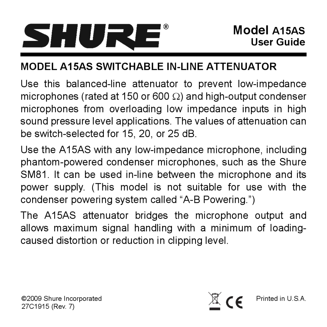 Shure manual Model A15AS Switchable IN-LINE Attenuator 