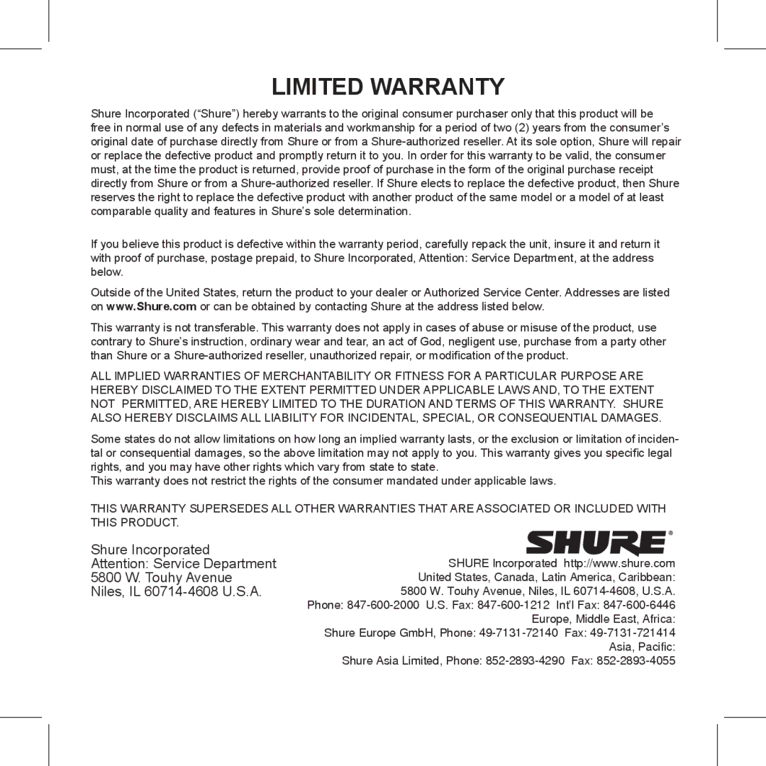 Shure A15BT manual Limited Warranty, Niles, IL 60714-4608 U.S.A 