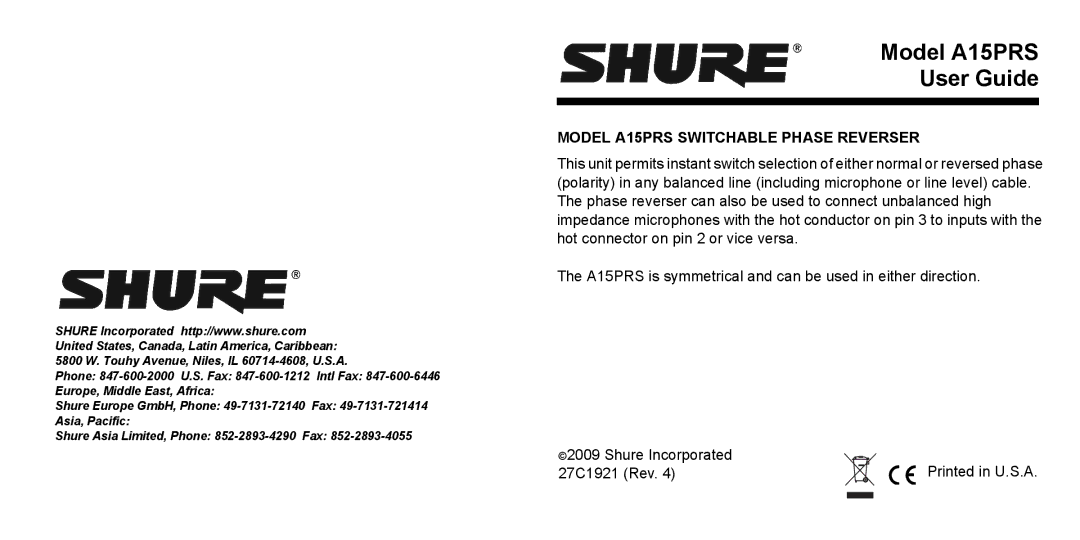 Shure manual Model A15PRS User Guide, Model A15PRS Switchable Phase Reverser 