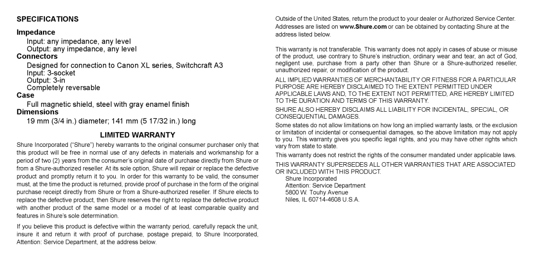 Shure A15PRS manual Specifications, Limited Warranty 